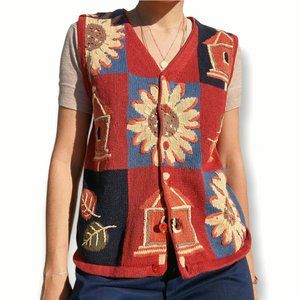 Vintage 90s Christopher Banks Knit Vest Size S Hand Embroidered Fall Patchwork